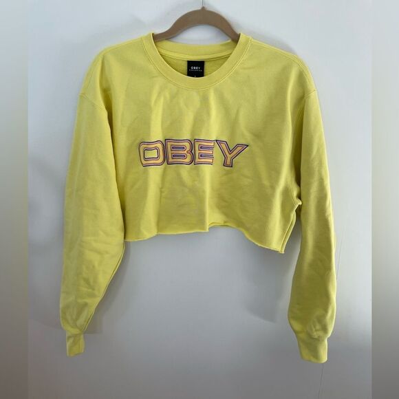 Yellow Obey crop sweatshirt size large - Picture 1 of 6